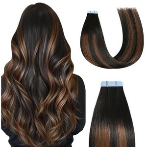 16” Nat Black & Chestnut Highlights Human Hair Tape In Extensions P1B/6/T1B #RE1